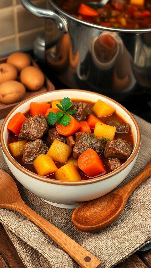 A bowl of beef stew with beef, carrots, and potatoes, garnished with parsley, on a wooden table.